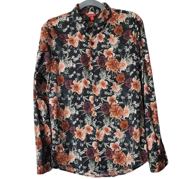 Guess Tops - Guess Floral Button-Down Shirt Size Medium Black Red